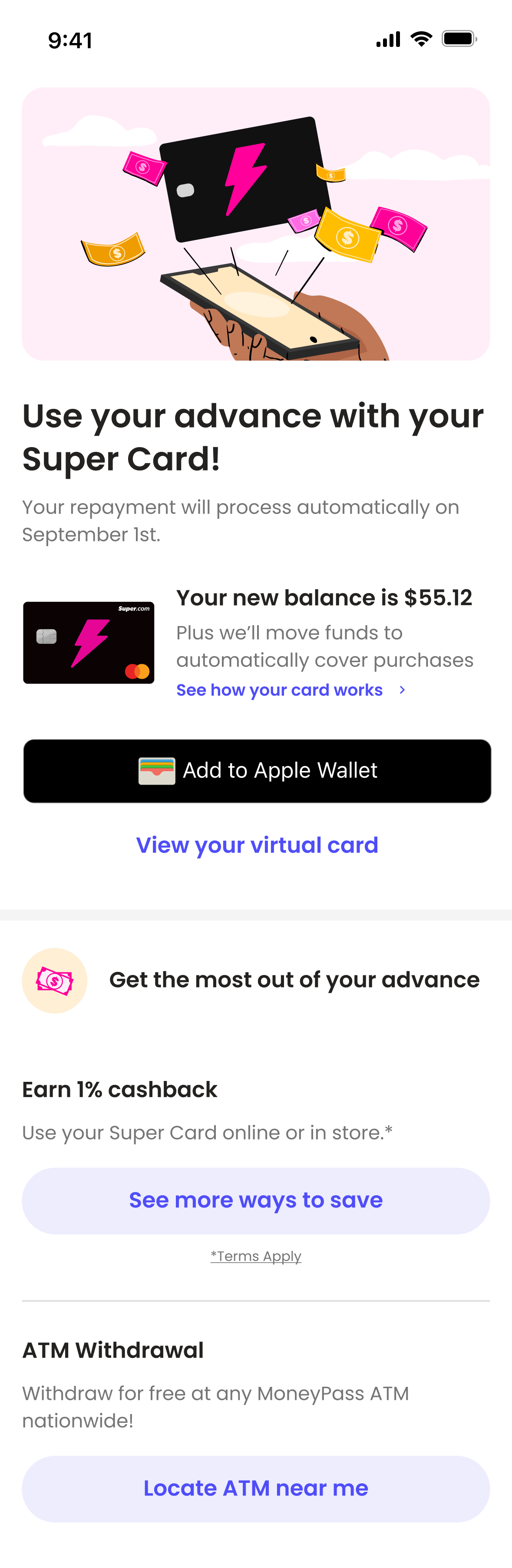 The final version of our Super.com Cash Advance Hub experience