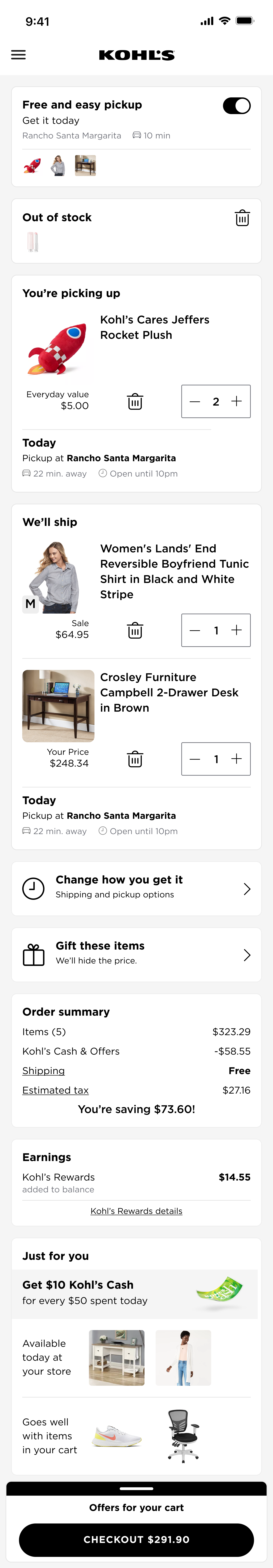 The Kohl's Cart on a mobile screen