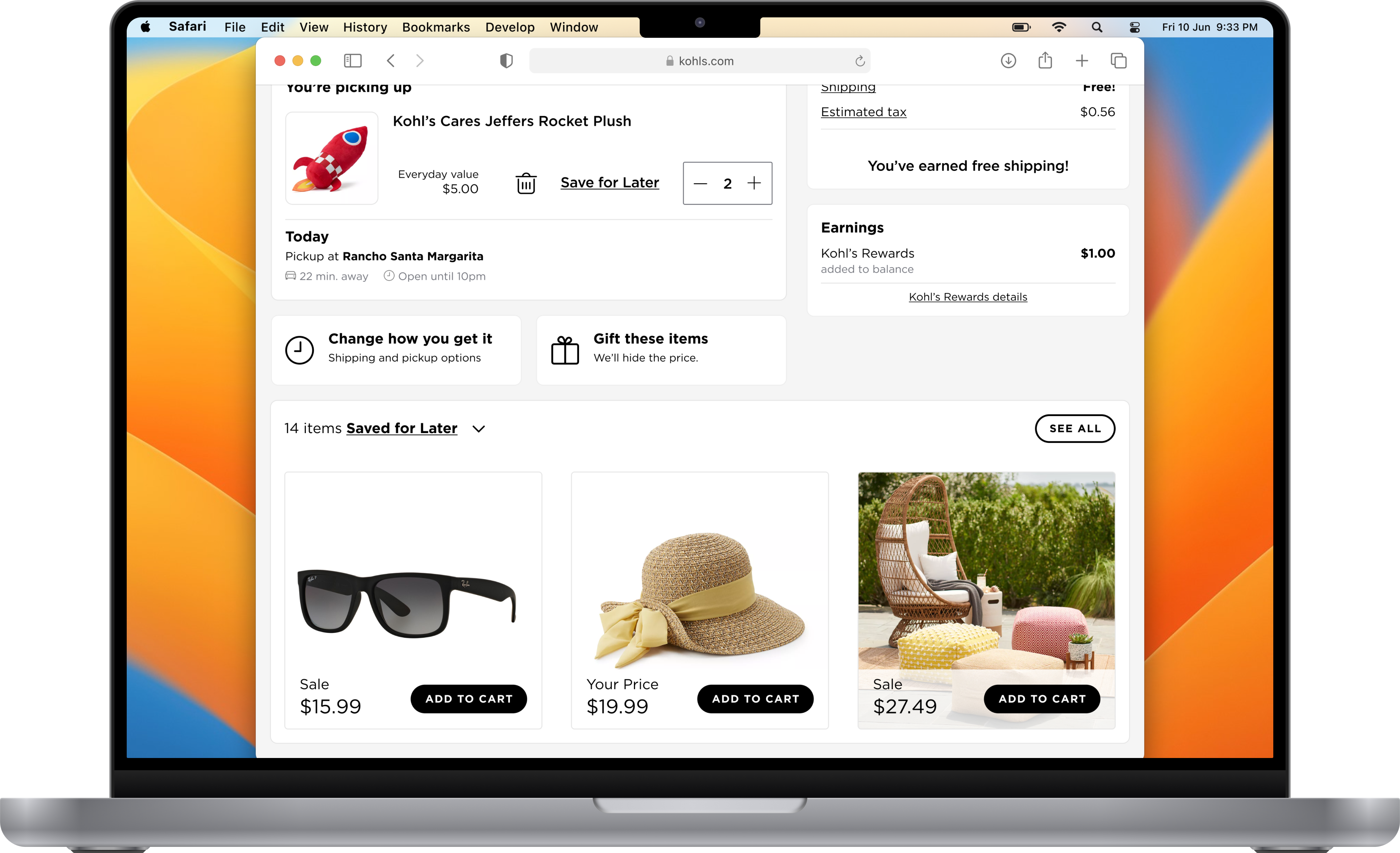 Kohl's Save for Later on a MacBook Pro