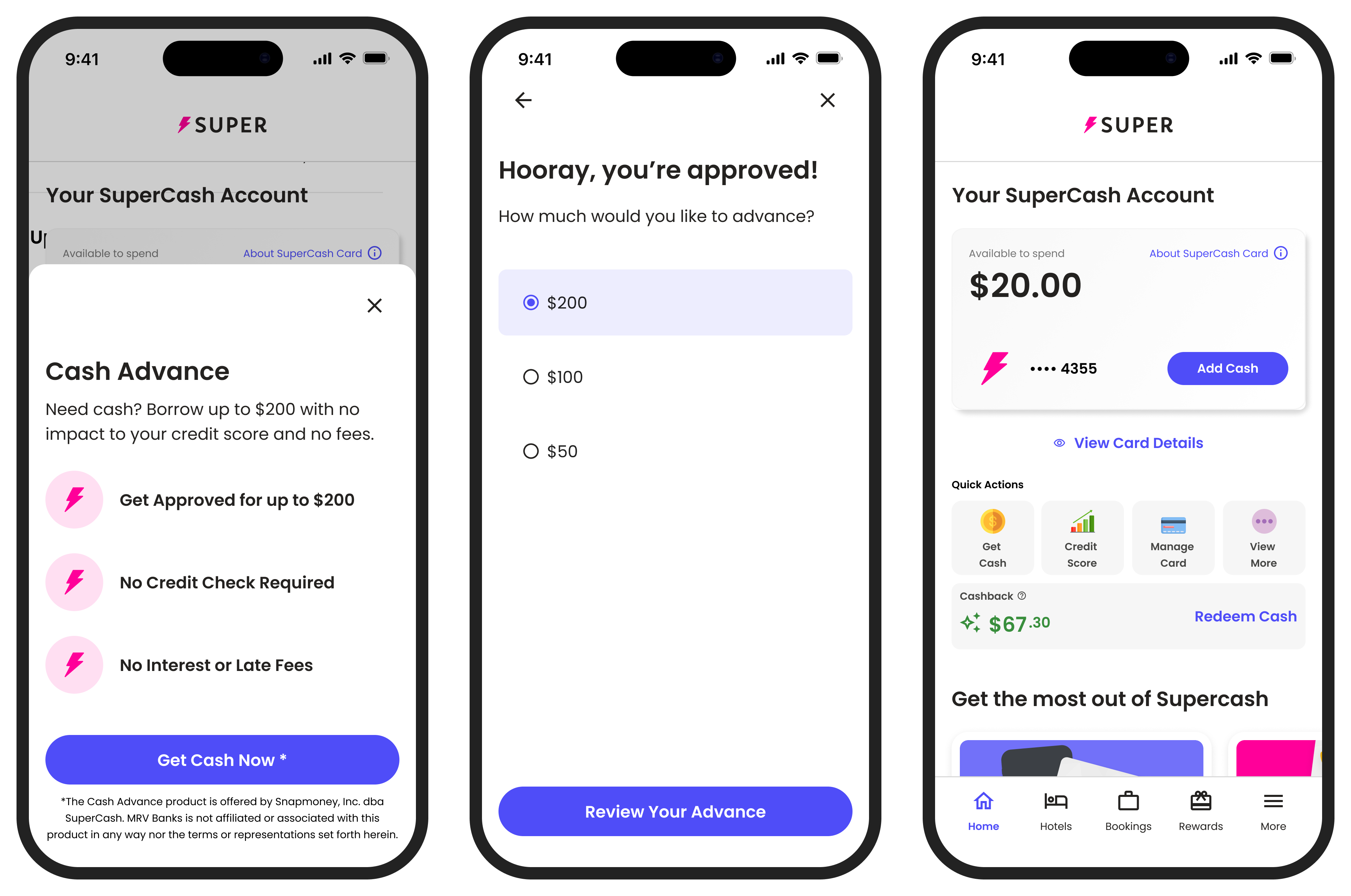 The old version of the cash advance experience at super.com