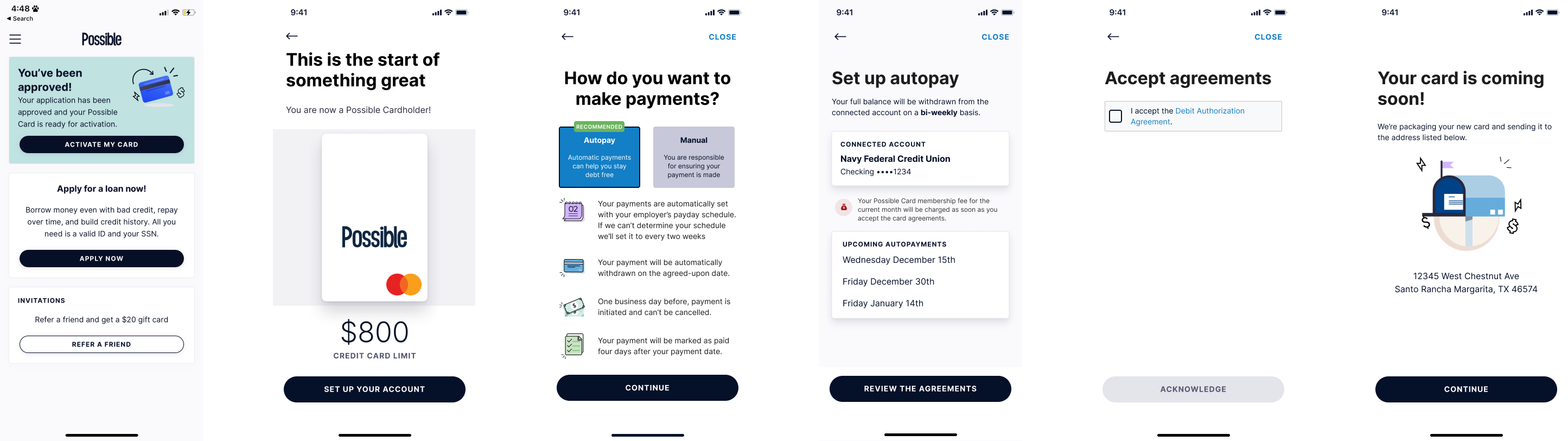 The initial Possible Card setup flow