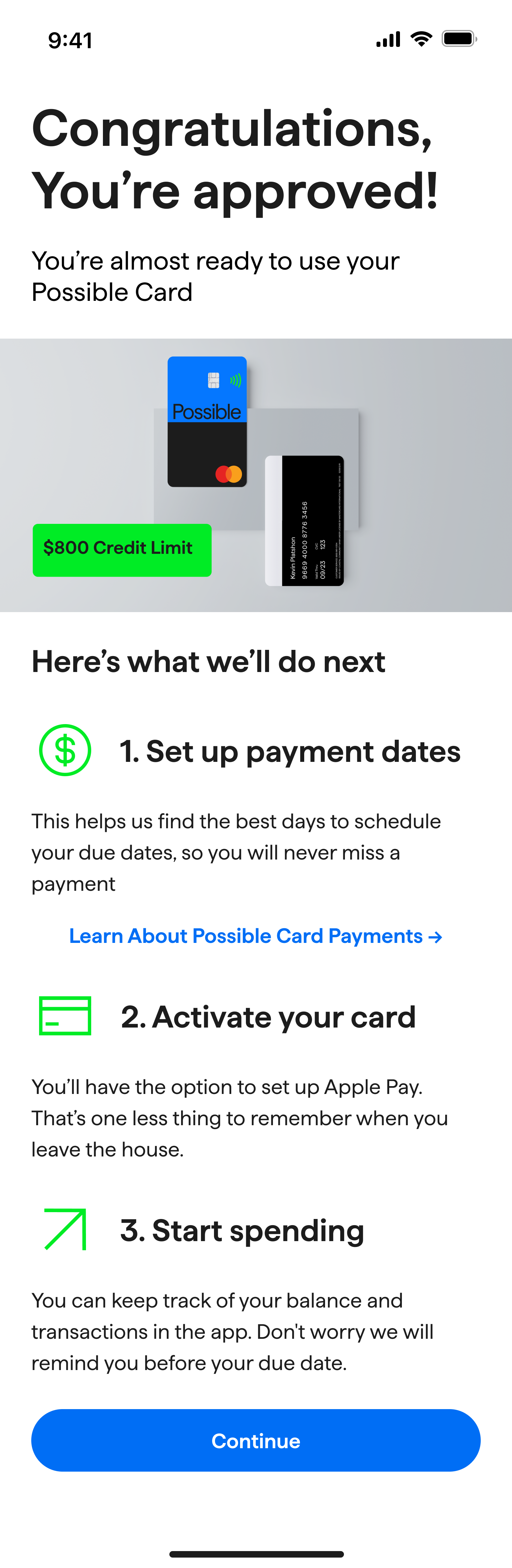The approval screen for the Possible Card