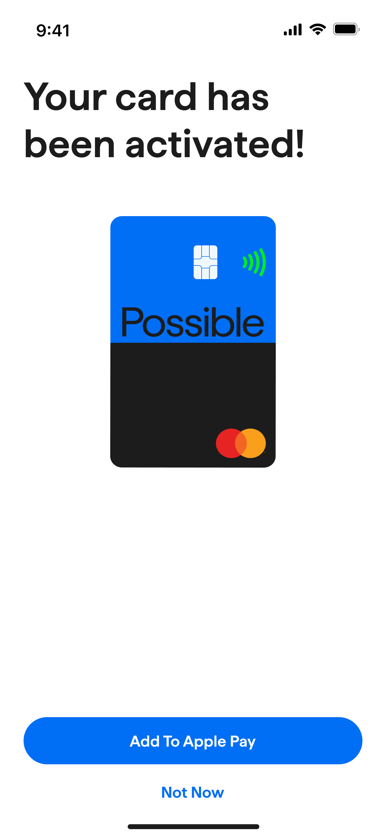 The card activation screen for the Possible Card