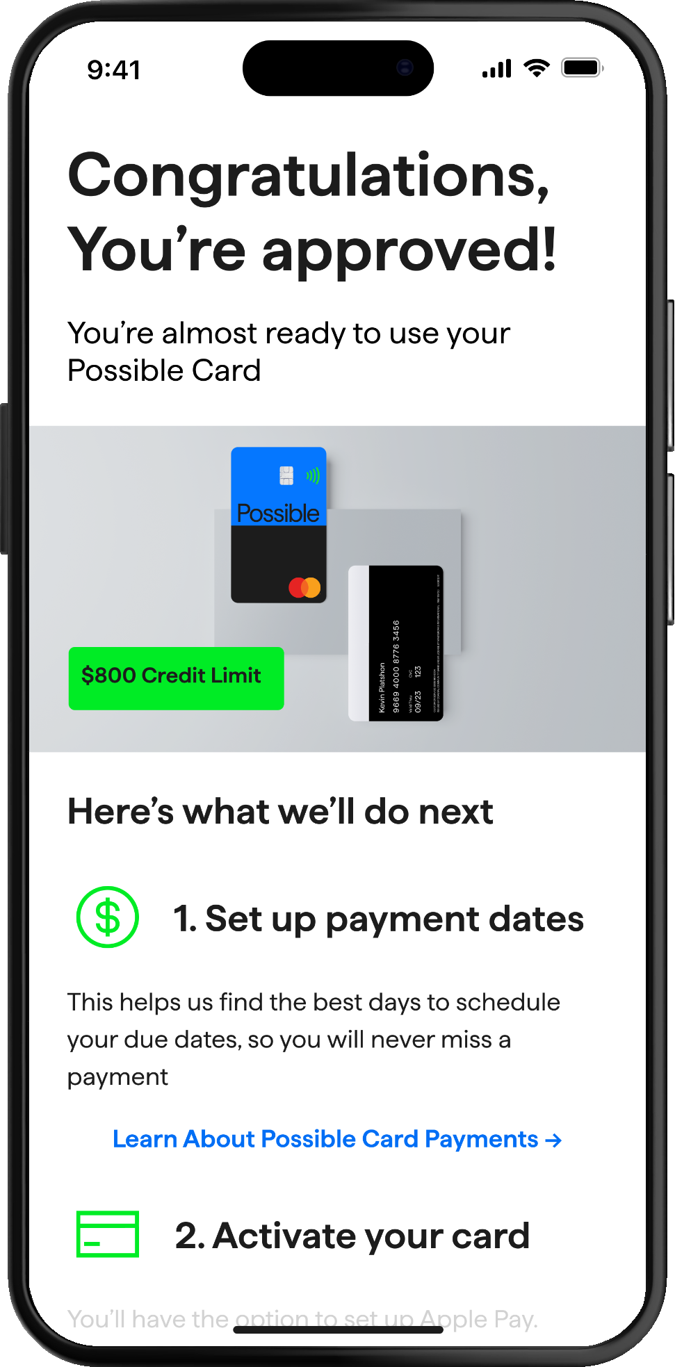 The approval screen for the Possible Card