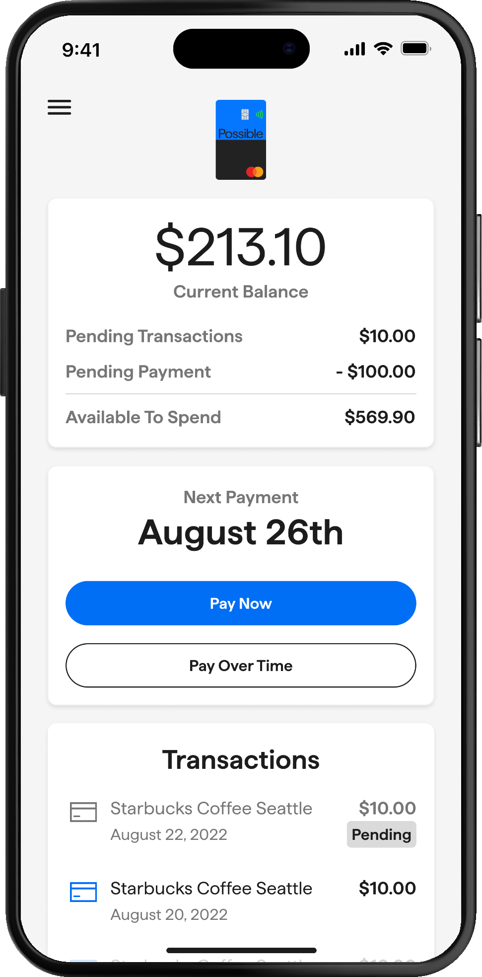 The Possible Card dashboard on an iPhone